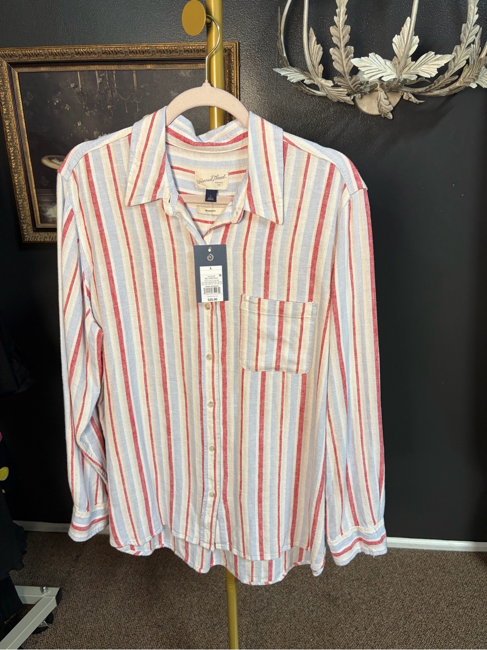 Universal Thread Red, White & Light Blue Striped Button-Down Shirt